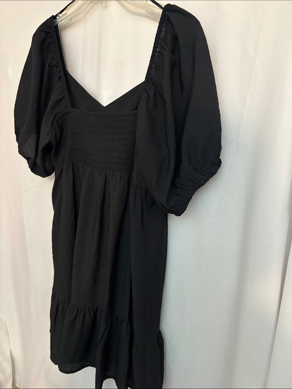 Nine West Black Babydoll, Puff-Sleeve, Tiered Mini Dress LBD Size Large - Picture 12 of 16